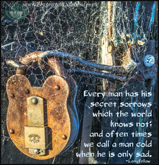 Poster: Every man has his secret sorrows which the world knows not; and often we call a man cold when he is sad. Quote by Longfellow, Poster by Bergen and Associates Counselling in Winnipeg